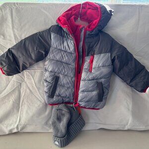 SNOZU Boys PUFFER JACKET Red, Black & Grey W/ HAT NWT